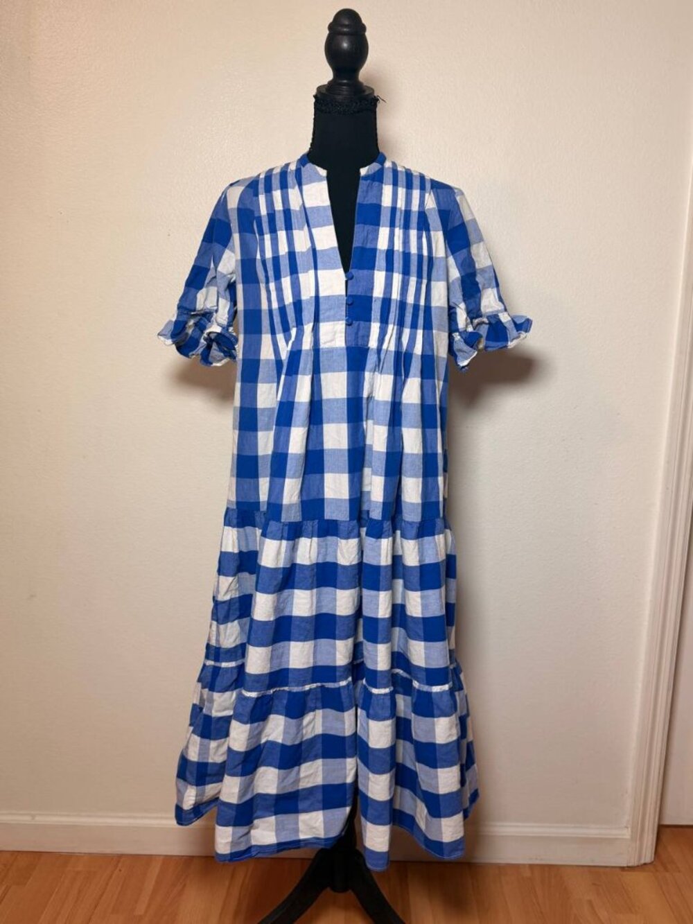 WHIT TWO Anthropologie Gingham Tiered Midi Dress 100% Cotton